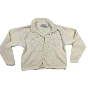 Vintage Jaclyn Smith Sweater Womens Medium Ivory Cardigan Beaded Classics Y2K